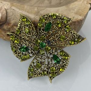 Vintage Large Green Rhinestone & Gold Brooch